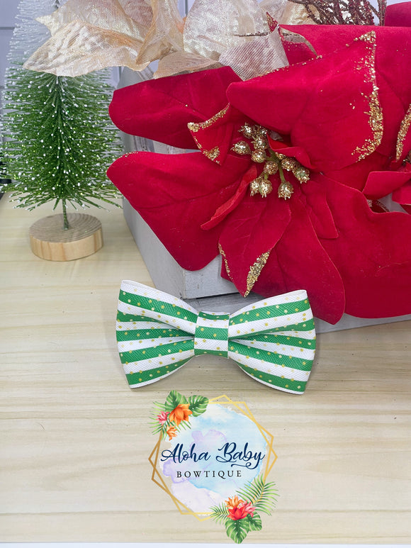 Green & White Dotted Stripes Clip-On Bow Tie